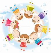 円になって手を繋いでいる8人の子供のイラスト