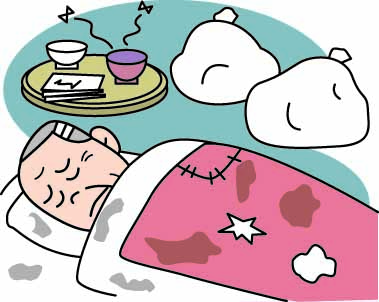 ゴミ袋や重なった食器がある部屋で、汚れた布団で苦しそうに眠っているおじいさんのイラスト