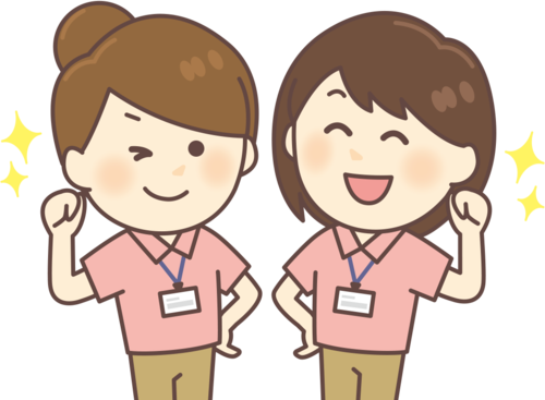 ピンクのシャツを着てネームプレートを首から下げ、ガッツポーズをしている笑顔の女性看護師2名のイラスト
