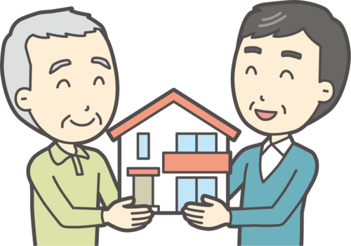 おじいさんと初老の男性2人が、一軒家のミニチュアを一緒に持っているイラスト