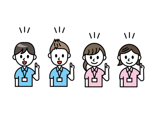 青いシャツの看護師の男性2人、ピンクのシャツの看護師の女性2人が一列に並んでいるイラスト