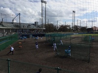 バッティング練習などを行っている野球選手たちの写真