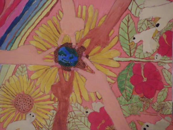 色とりどりの花、たくさんの白いハトが描かれ絵の中心にでピースした左手をみんなが寄せ合い指で星の形を形作っている「世界が一つになるまで」のイラスト