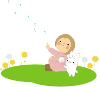 ピンクのワンピースを着た子どもが白いウサギと野原の上に座りタンポポの綿毛を風に乗せて飛ばしているイラスト