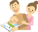 赤ちゃんに本を読み聞かせている父母のイメージイラスト