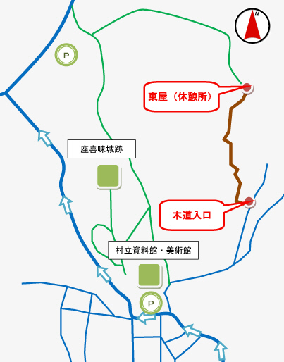 座喜味城跡公園へのアクセスと木道入口、東屋（休憩所）が示された地図