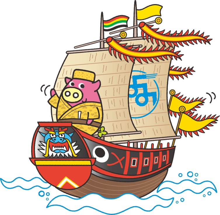 進貢船の上から琉装姿で手を振っている、読谷村マスコットキャラクター「よみとん」のイラスト