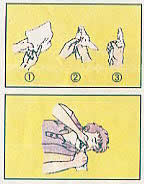 上段画像：異物を指でかき出すために、指にハンカチを巻く方法を説明したイラスト。下段画像：倒れている人の顔を横に向けて口の異物を指でかき出しているイラスト