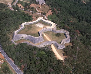 2段重なった塀だけが残っている、城の跡地を上空から見た写真