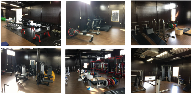 オリンピックバーやスクワットスタンドなどがある読谷村トレーニング室の室内の6枚組の写真