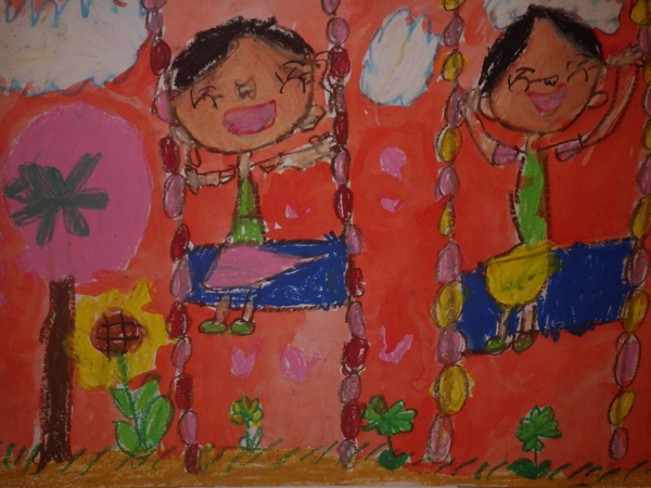 2人の少女が、笑顔でブランコに乗り遊んでいる様子の「ぶらんこたのしいな」のイラスト