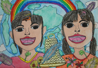 虹がかかった空の下、鐘の前で笑顔を浮かべている二人の女性を描いた知念愛乃音さんの図画作品「平和の鐘」