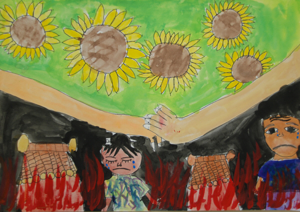 握手している手の上にはひまわり畑が描かれ、握手をしている手の下には燃える民家と泣いている少年少女の姿が描かれている、喜名小学校5年、城間日菜子さんが描いた、平和な時代というタイトルのイラスト
