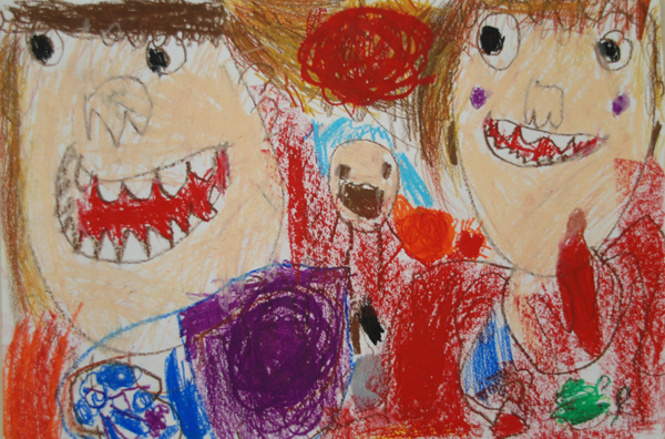 左に笑顔の少年、右に笑顔の少女が大きく描かれ、その間に人形の顔あり、その頭上には太陽が昇っている、渡慶次小学校1年、仲里銀河さんが描いた、みんななかよしというタイトルのイラスト