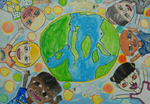 地球の周りでさまざまな国の人たちが手をつないで輪になっている様子を描いた前泊歩希さんの図画作品「世界の人々と手をつなごう」