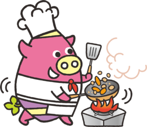 コックの格好をして料理をしている読谷村のマスコットキャラクター「よみとん」のイラスト